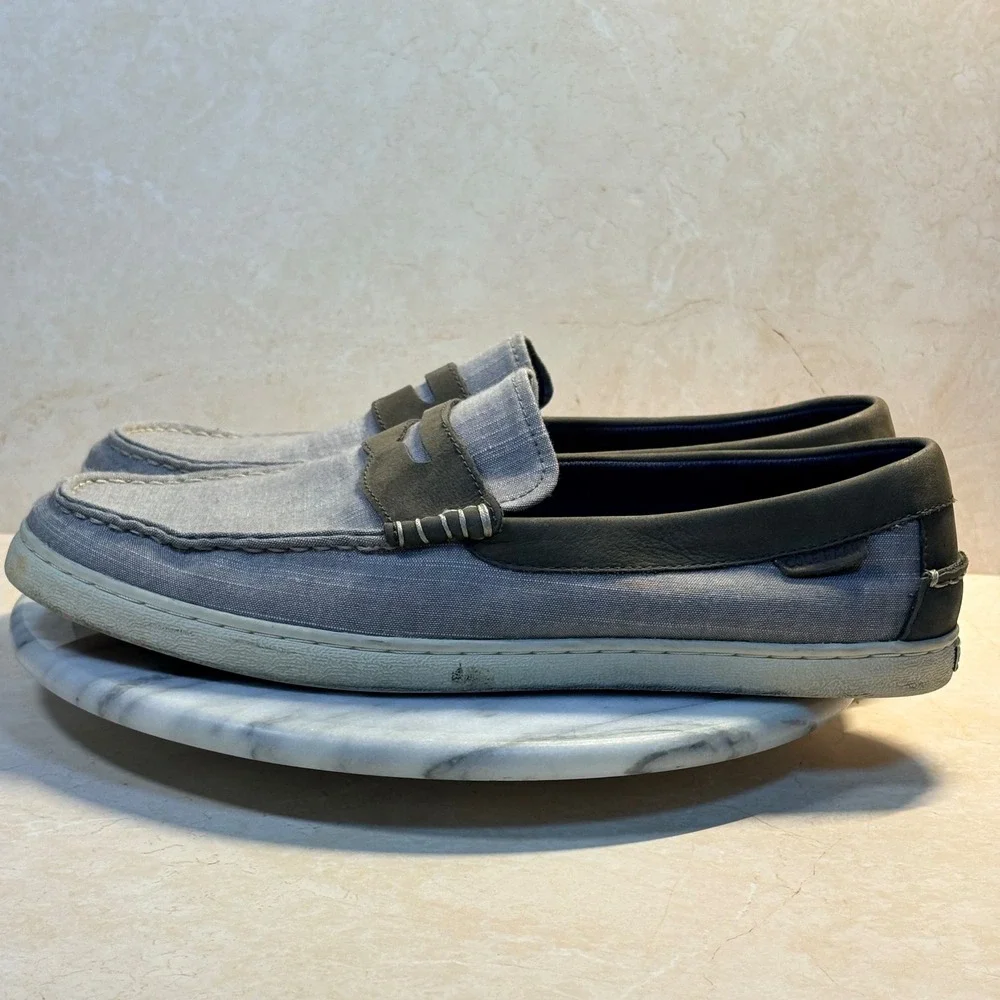 Cole Haan Mens Grand.OS‎ Gray Chambray Textile Leather Penny Loafer Shoes 11.5